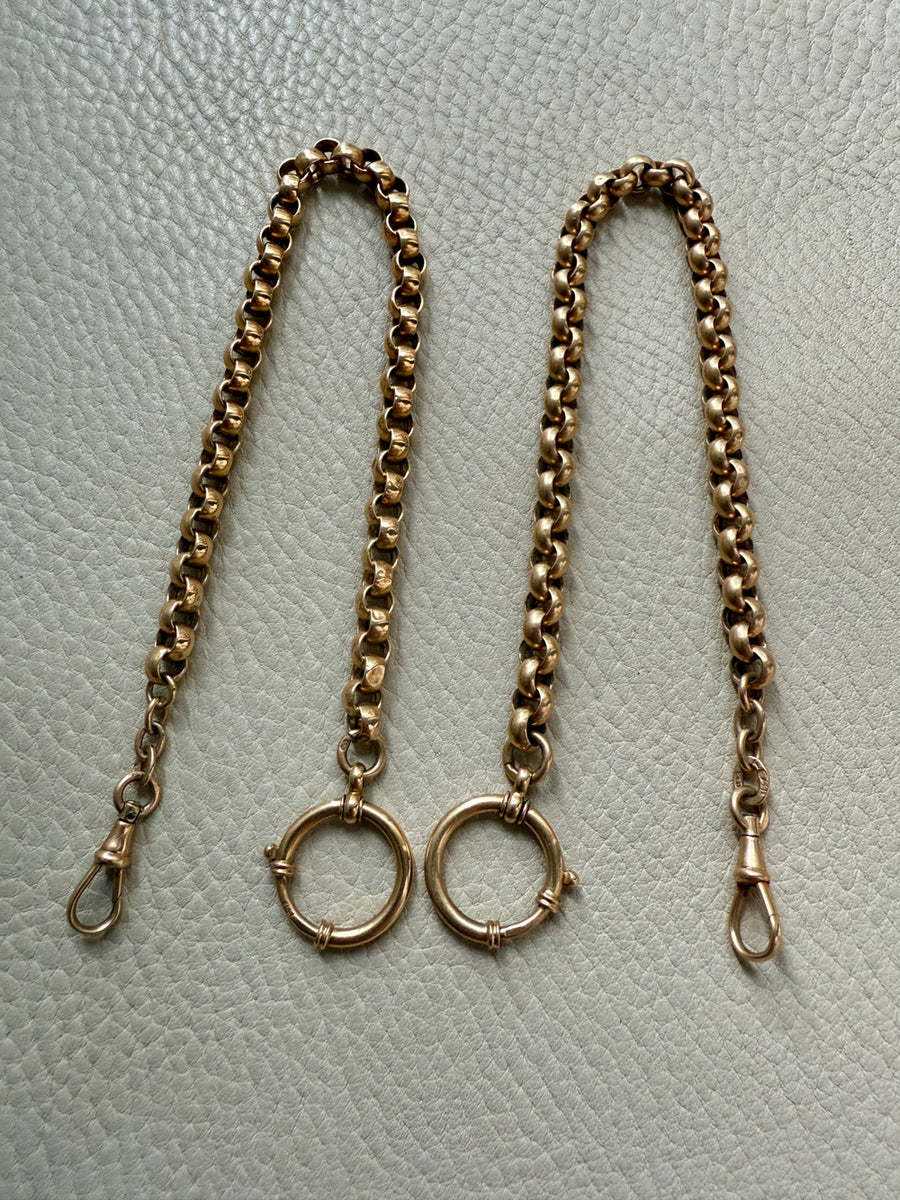 Antique 18k Gold Rolo Link Watch chain Necklace Setup with Large Bolt clasps - 21.75 inch total length