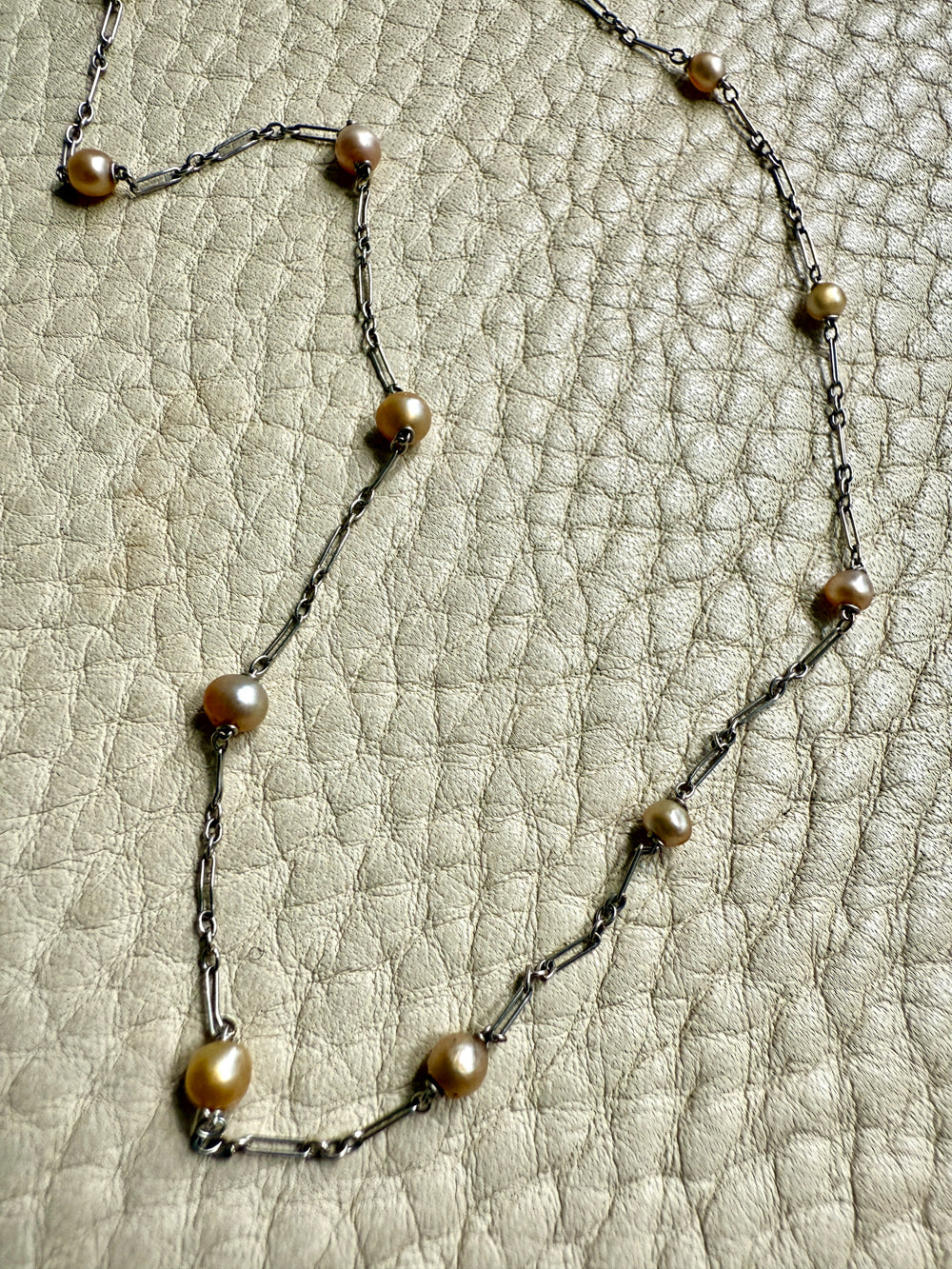 Vintage French Platinum Station Necklace with Pearls  - 15.75 inch length