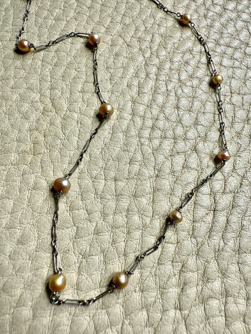 Vintage French Platinum Station Necklace with Pearls  - 15.75 inch length