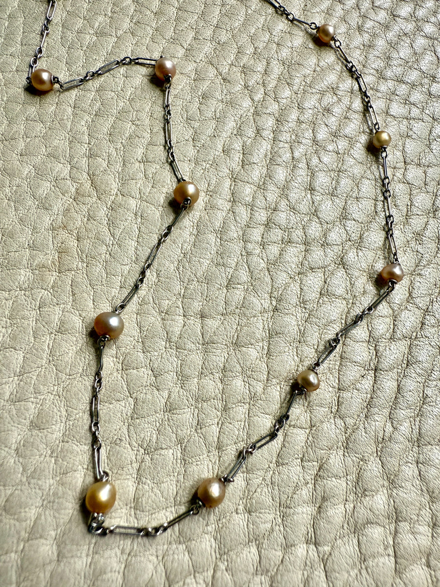 Vintage French Platinum Station Necklace with Pearls  - 15.75 inch length