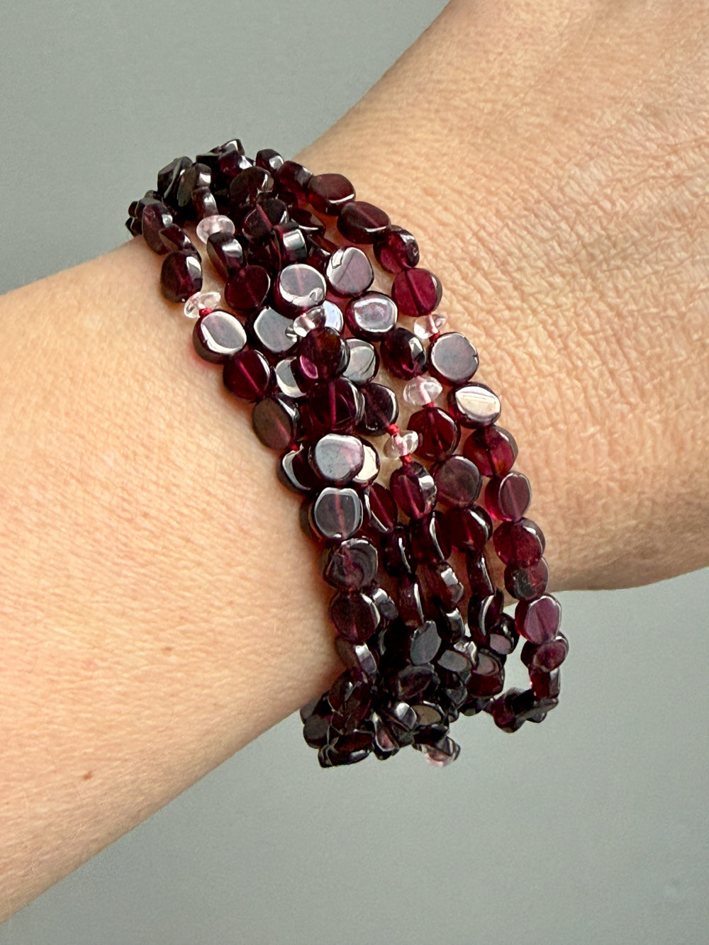 Vintage Italian Multi-Strand Garnet Bracelet with 18k Gold Bolt Clasp - Size 7-7.25 inch