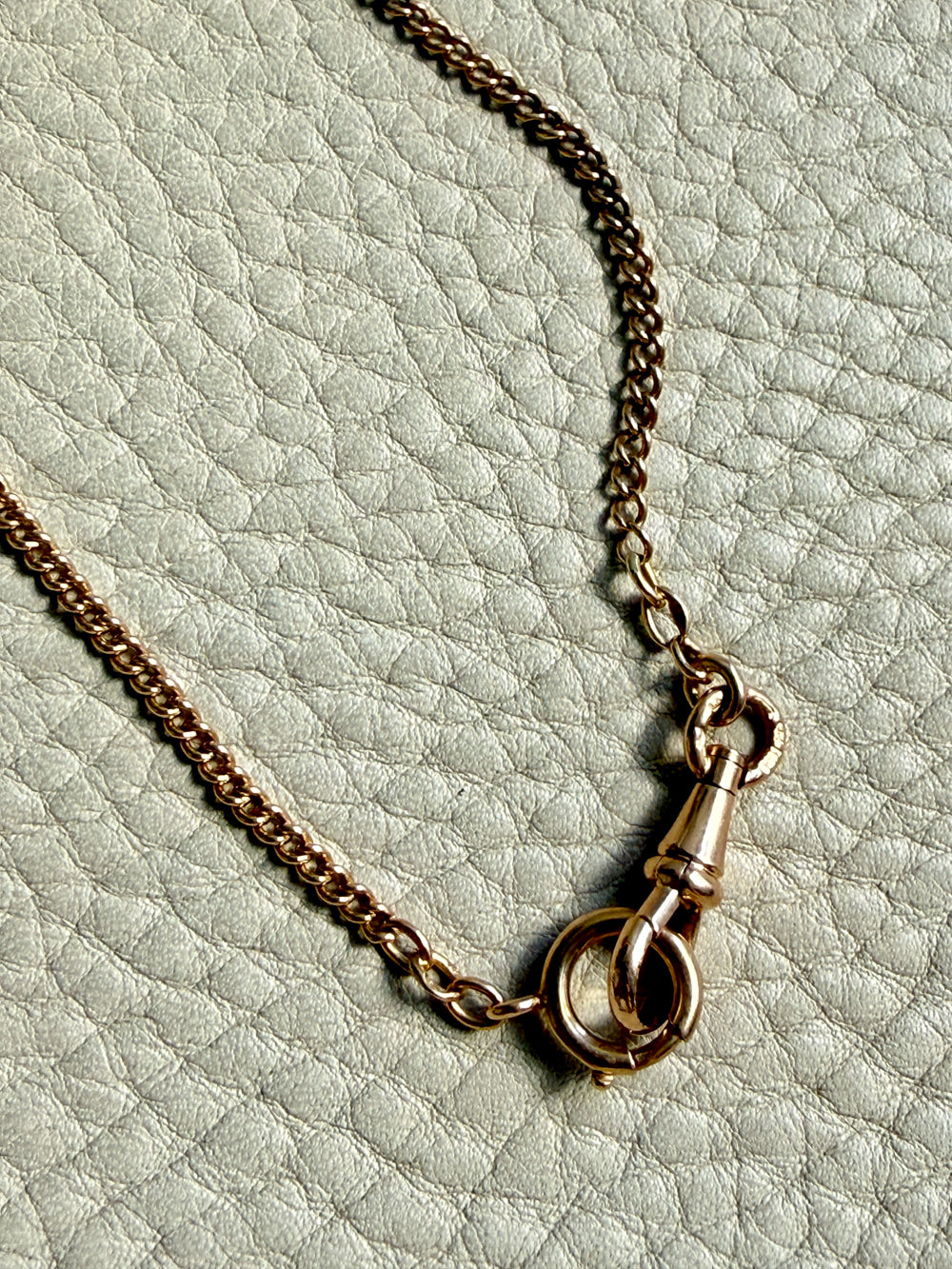 Gold necklace with a unique clasp on a light green textured background