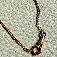 Gold necklace with a unique clasp on a light green textured background