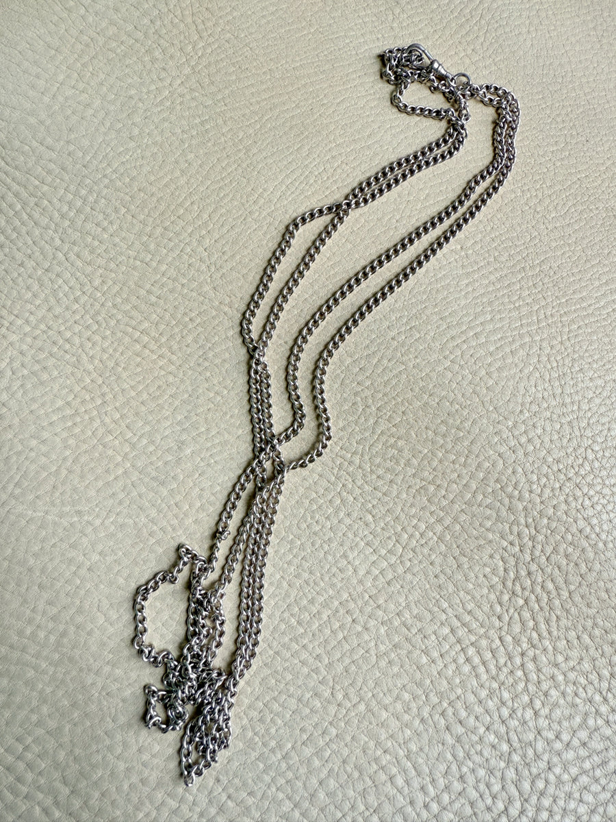 Edwardian era Sterlling Silver Longuard Curb Link Chain with Swivel Dog Clip - 31 inch doubled necklace length adjustable