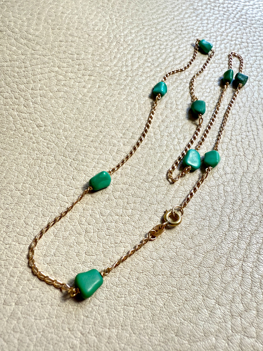 Vintage 18k gold curb link necklace with turquoise colored beads - 20.75 inch length