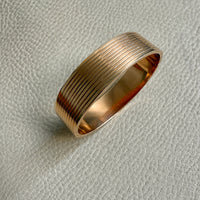 Unique! Architectural Wide 14k Gold Hinged Bangle with Linear Grooves - 6.9 inch oval interior circumference