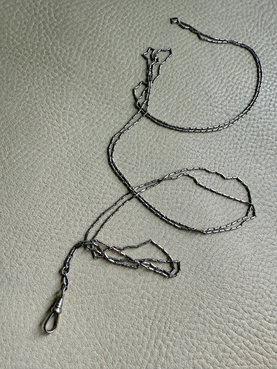 Early 1900s Antique PLATINUM Link Longuard Chain Necklace with Dog Clip - 31-62 inch length