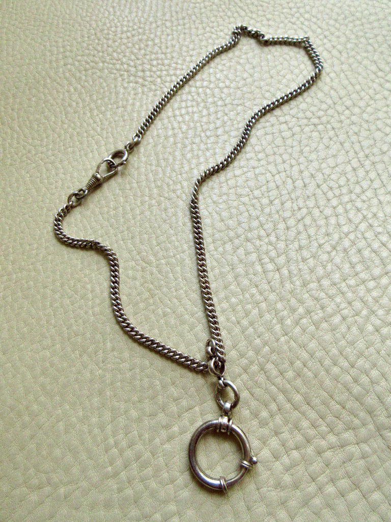 Vintage Scandinavian Silver Curb Link Watch Chain Necklace with Oversized Bolt Clasp pendant – 17.5 Inch Length