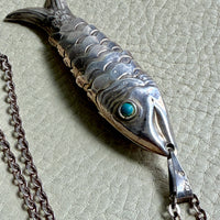 Midcentury era Silver Articulated Fish Pendant Necklace - 27.8 inch length