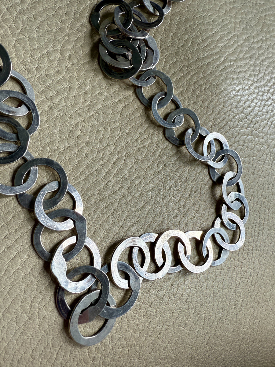 Silver Handmade Flat Circles Chain Necklace - 36 inch length