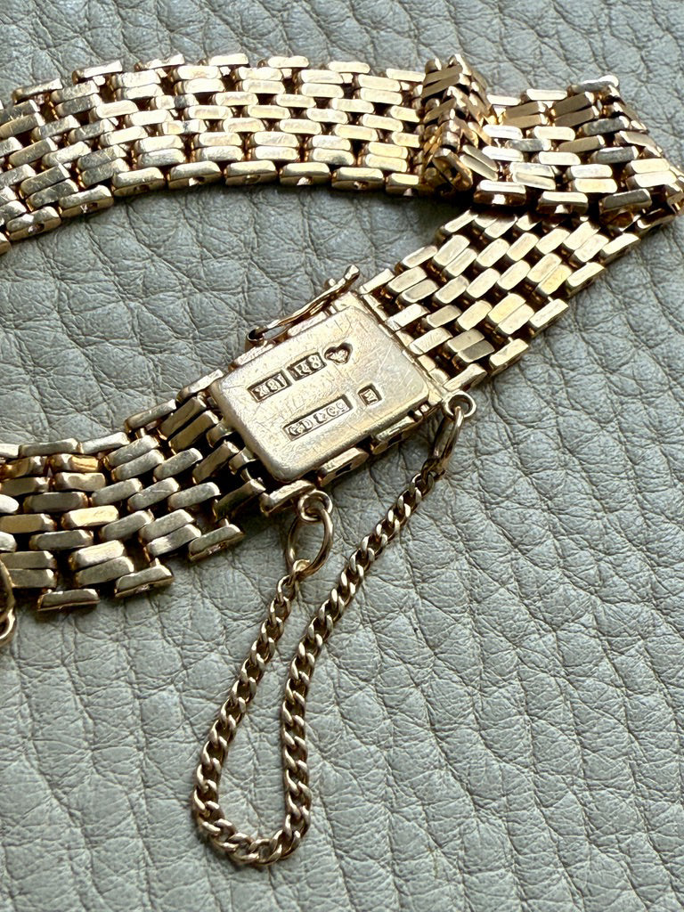 1943 Vintage Silky 18k Gold Wide Link Bracelet with Charm - 6.5 inch length