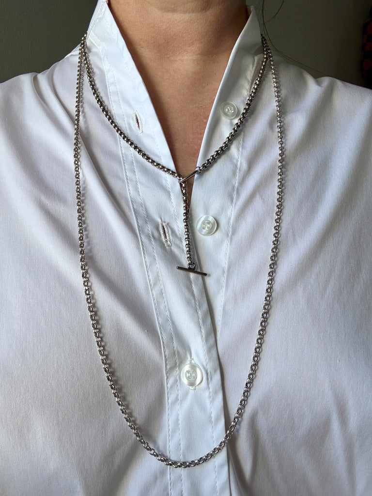 Lariat Style Antique Silver Rolo Link Necklace- 22.25 inch length