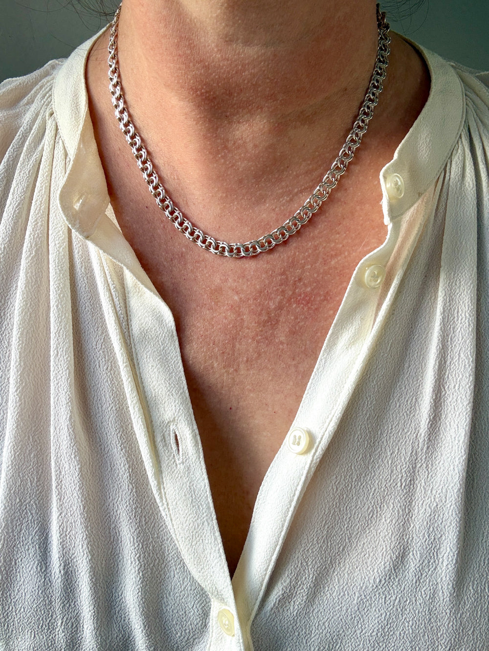 Vintage European 1900s Silver Double Link Necklace – 17.75 Inch Length
