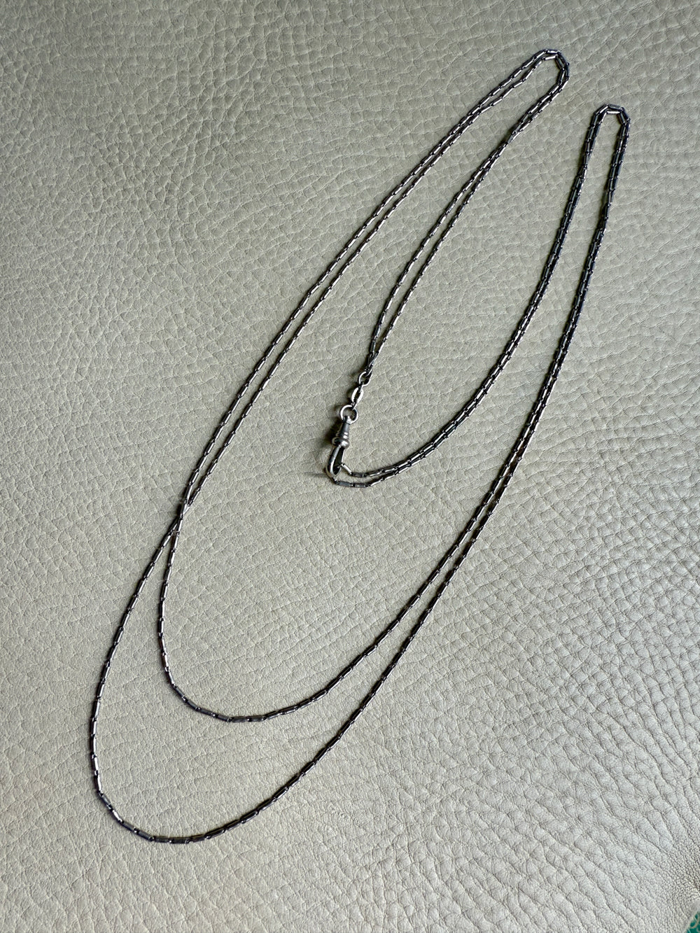 Early 1900s Antique PLATINUM Link Longuard Chain Necklace with Dog Clip - 31-62 inch length