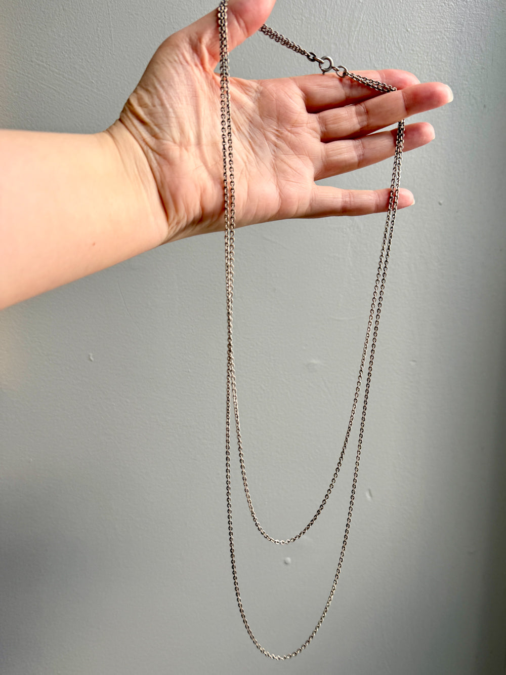 Antique Silver Cable Link Double Strand Necklace - 30 inch doubled length - adjustable