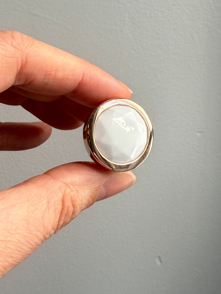 18k Gold Vintage Italian Cocktail Ring with Faceted White Stone - Size 7