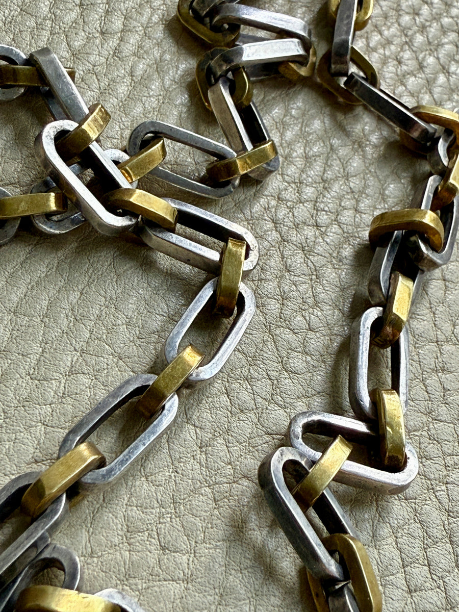 UNIQUE Chunky Sterling Silver with Alternating Gilt Links - Taxco Link Necklace - 24 inch length