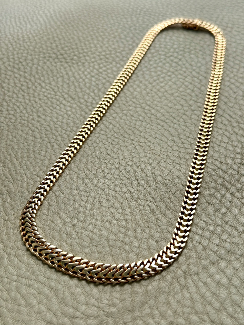 Vintage Swedish Wide Herringbone Link Necklace 18k Gold – 20 Inch Length