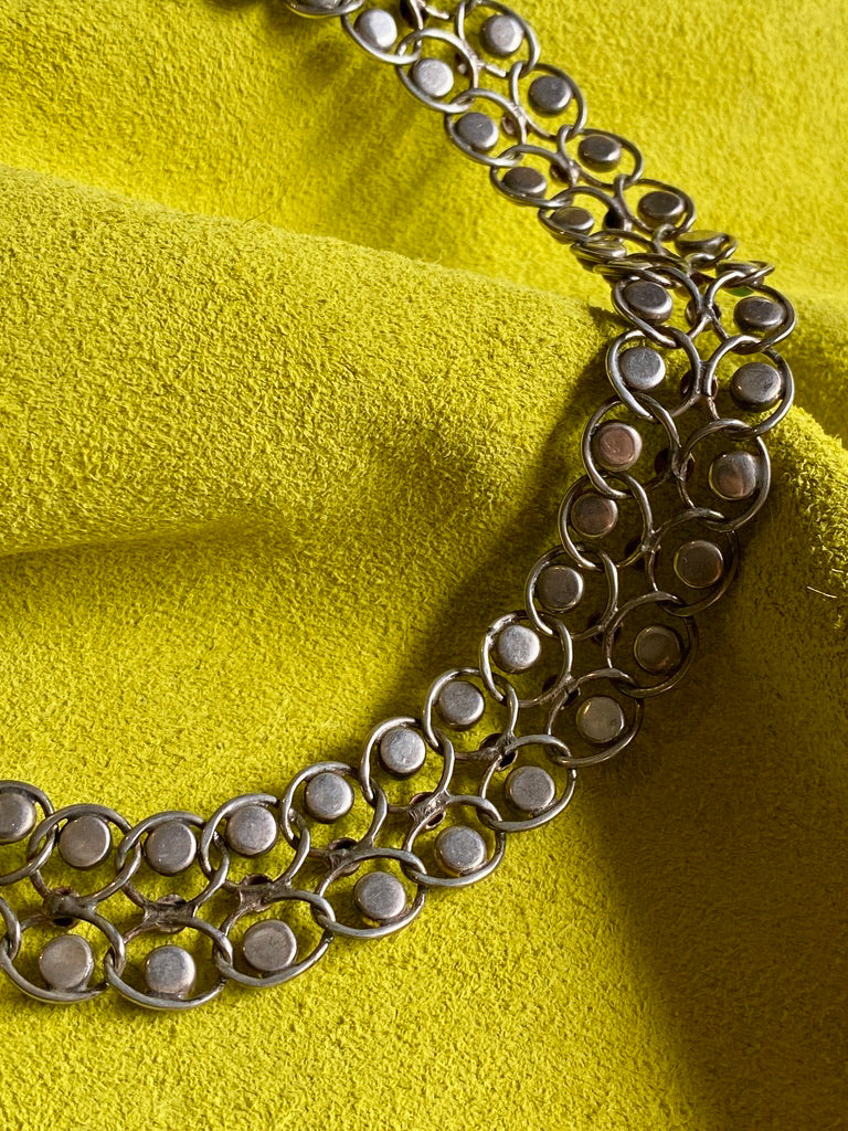 1940s Era Sterling Silver Handmade Link Chain Choker Necklace with 2 Rows of Turquoise Cabochons, Mexican Vintage- 16 inch length