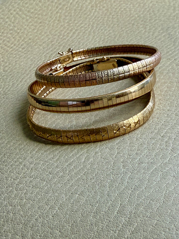 Finnish Vintage Tricolor Etched Omega Link Bracelet in 14k Gold - 7 inch length