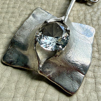 Brutalist Silver Rod Link Necklace with Organic Square Pendant and Large Faceted Crystal Quartz - 20.8 inch length