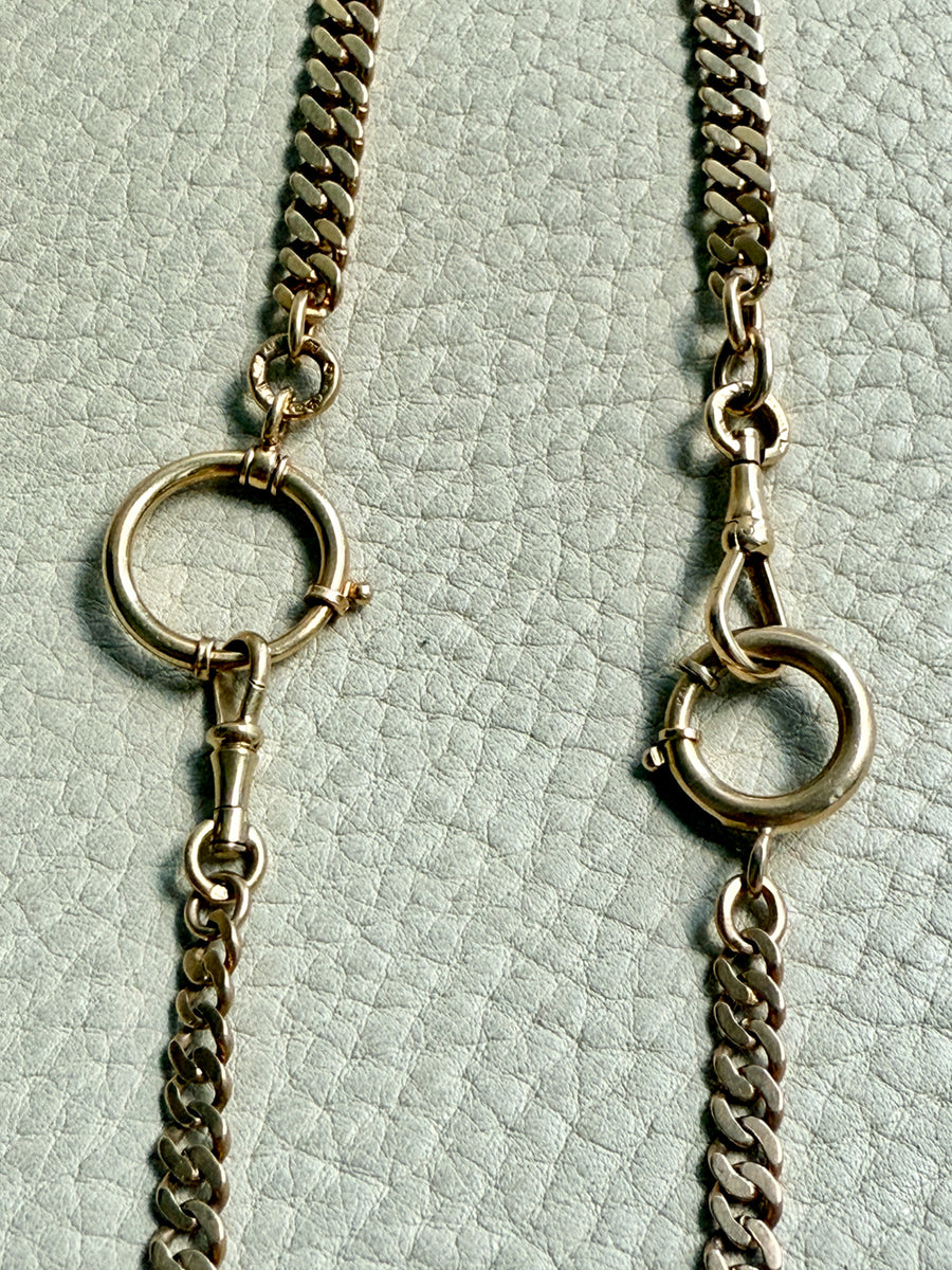 Two gold chain necklaces with clasp mechanisms on a light green textured background.