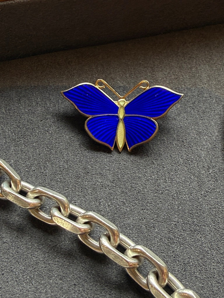 1952 Gilt Silver Ultramarine Blue Guilloché Enamel Butterfly Brooch by Tillander - 1.3 inch width