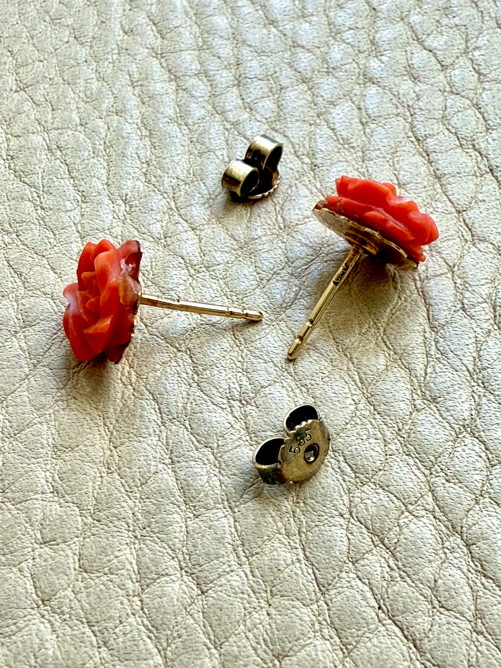 Antique Dutch Carved Coral Flower Stud Earrings in 14k Gold