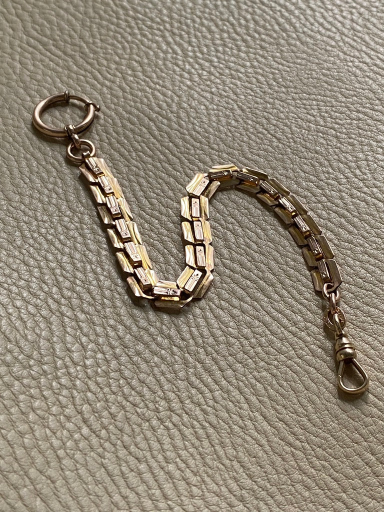 Antique Watch Chain with tiny leaf pattern - 14k gold with 10k rose gold detail