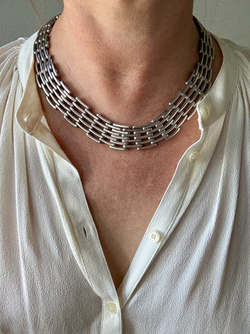 Vintage Taxco Sterling Silver Handmade Link Collar Necklace Mexican Vintage- 16.6 inch length
