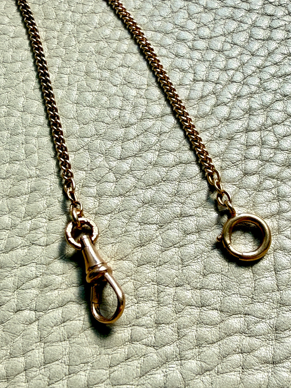 Gold chain necklace with clasp on a textured green surface