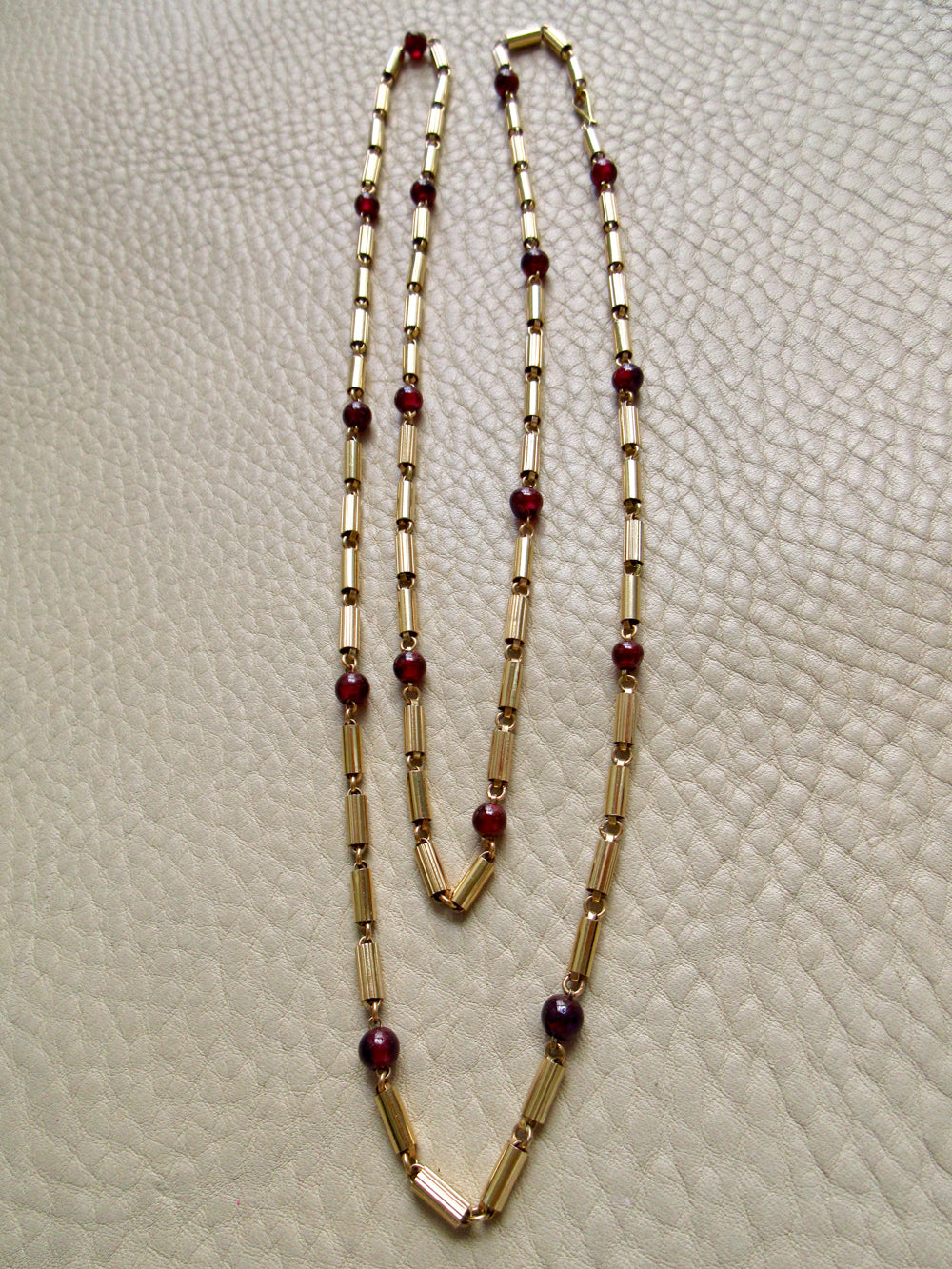 Long Length Vintage 18k Gold Fluted Tubular Link Station Necklace with Garnets- 32 inch length