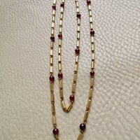 Long Length Vintage 18k Gold Fluted Tubular Link Station Necklace with Garnets- 32 inch length