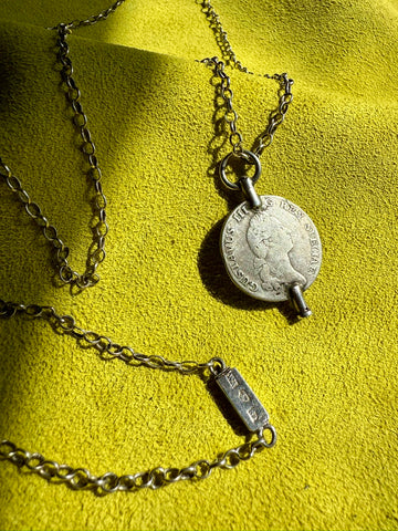 1880 Antique Silver Link Longuard Chain Necklace with Coin Pendant - 61.75 inch length