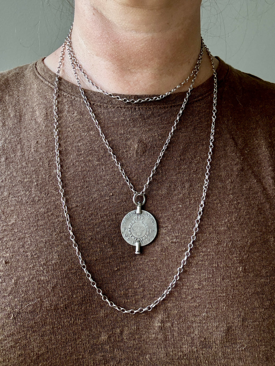 1880 Antique Silver Link Longuard Chain Necklace with Coin Pendant - 61.75 inch length