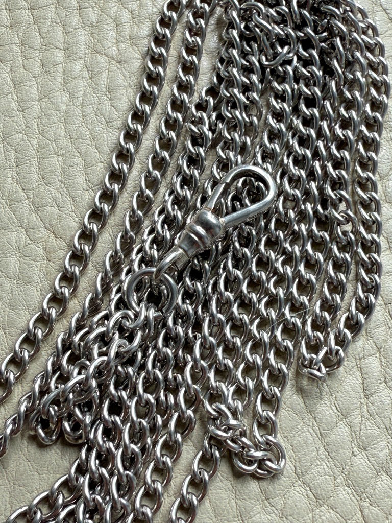 Edwardian era Sterlling Silver Longuard Curb Link Chain with Swivel Dog Clip - 31 inch doubled necklace length adjustable