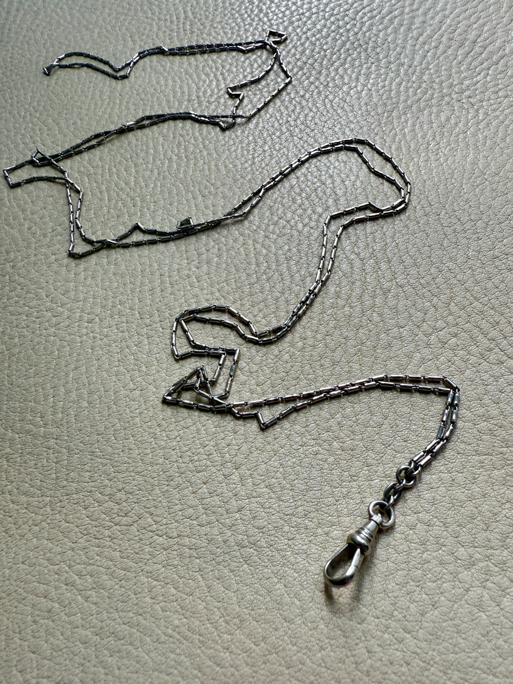Early 1900s Antique PLATINUM Link Longuard Chain Necklace with Dog Clip - 31-62 inch length