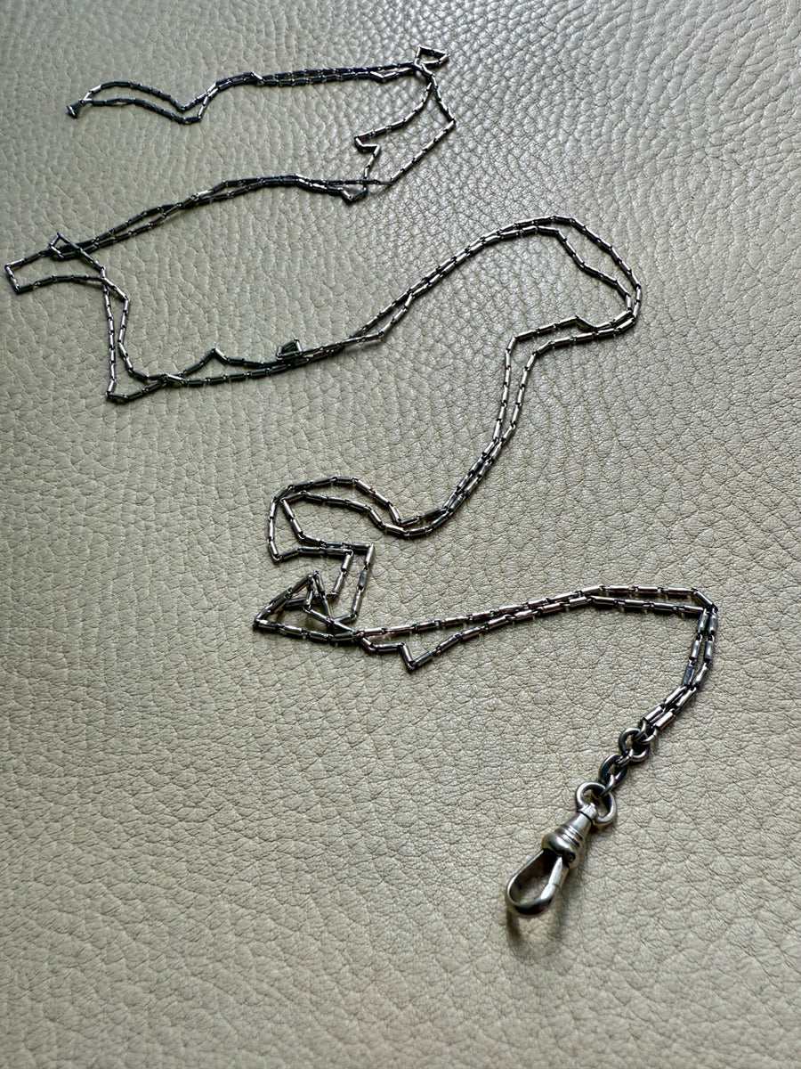 Early 1900s Antique PLATINUM Link Longuard Chain Necklace with Dog Clip - 31-62 inch length