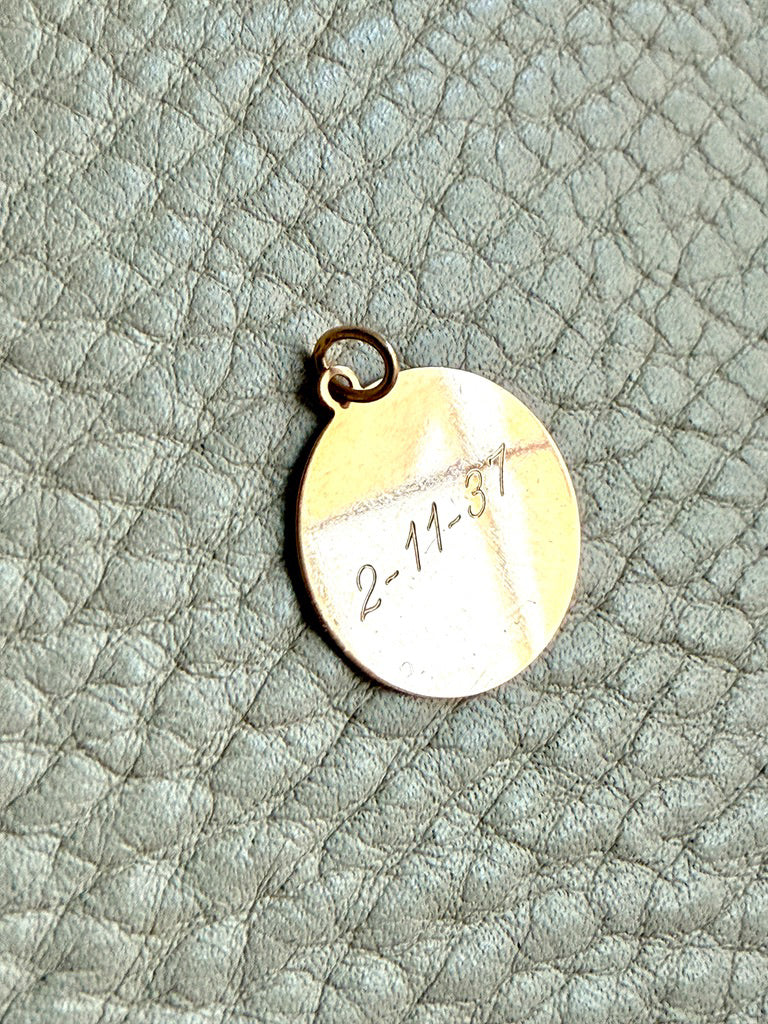 1937 "Inge" 18k Gold Engraved Round Medallion Pendant for Necklace - Scandinavian Vintage