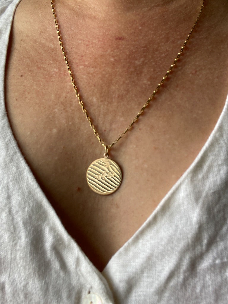 January 13, 1929 18k Gold Engraved Round Medallion Pendant for Necklace - Scandinavian Vintage