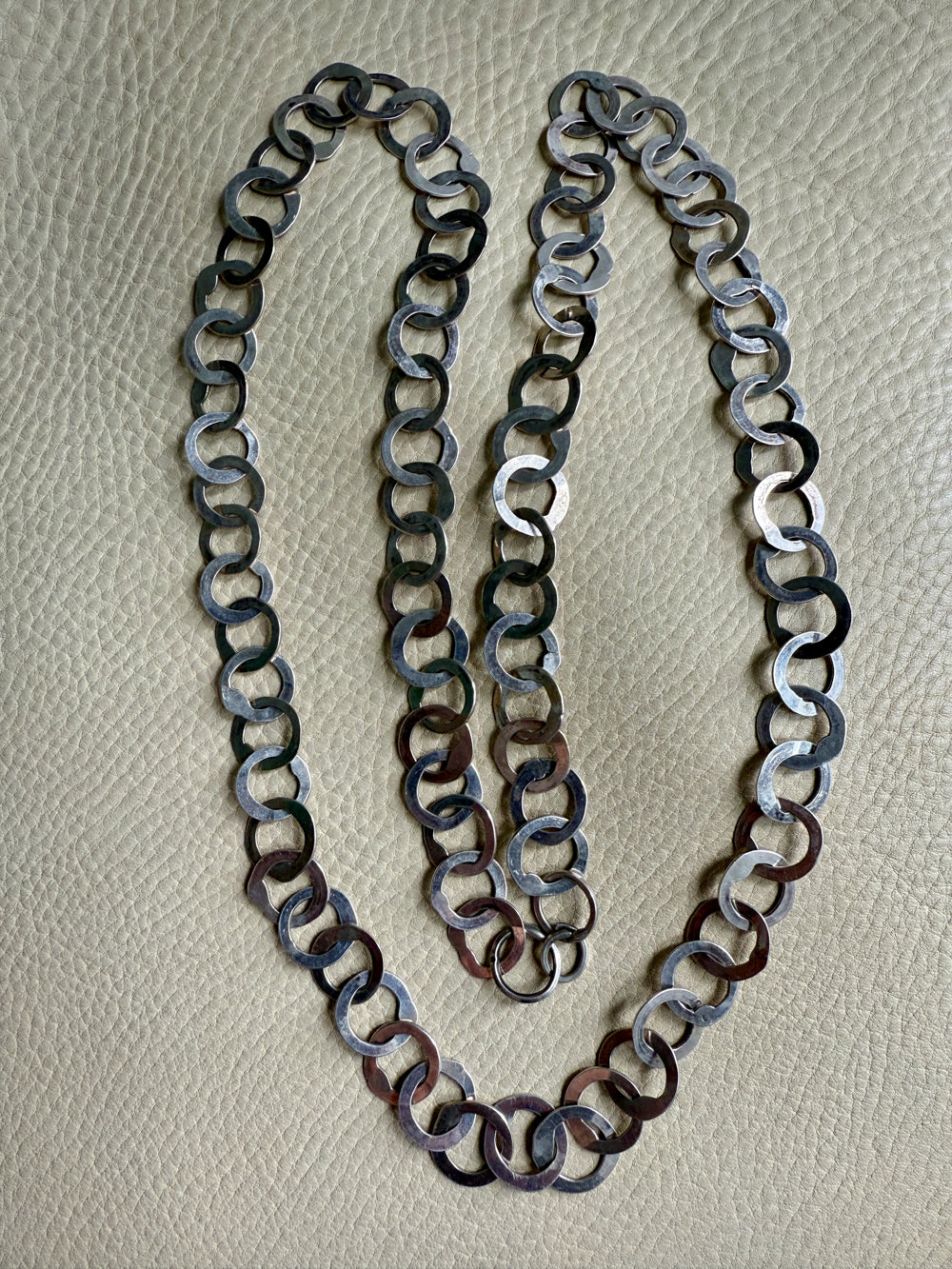 Silver Handmade Flat Circles Chain Necklace - 36 inch length