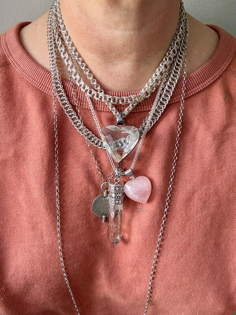 LARGE Crystal Quartz Heart Pendant in Oxidized Sterling Silver – 1.9 Inch length/drop