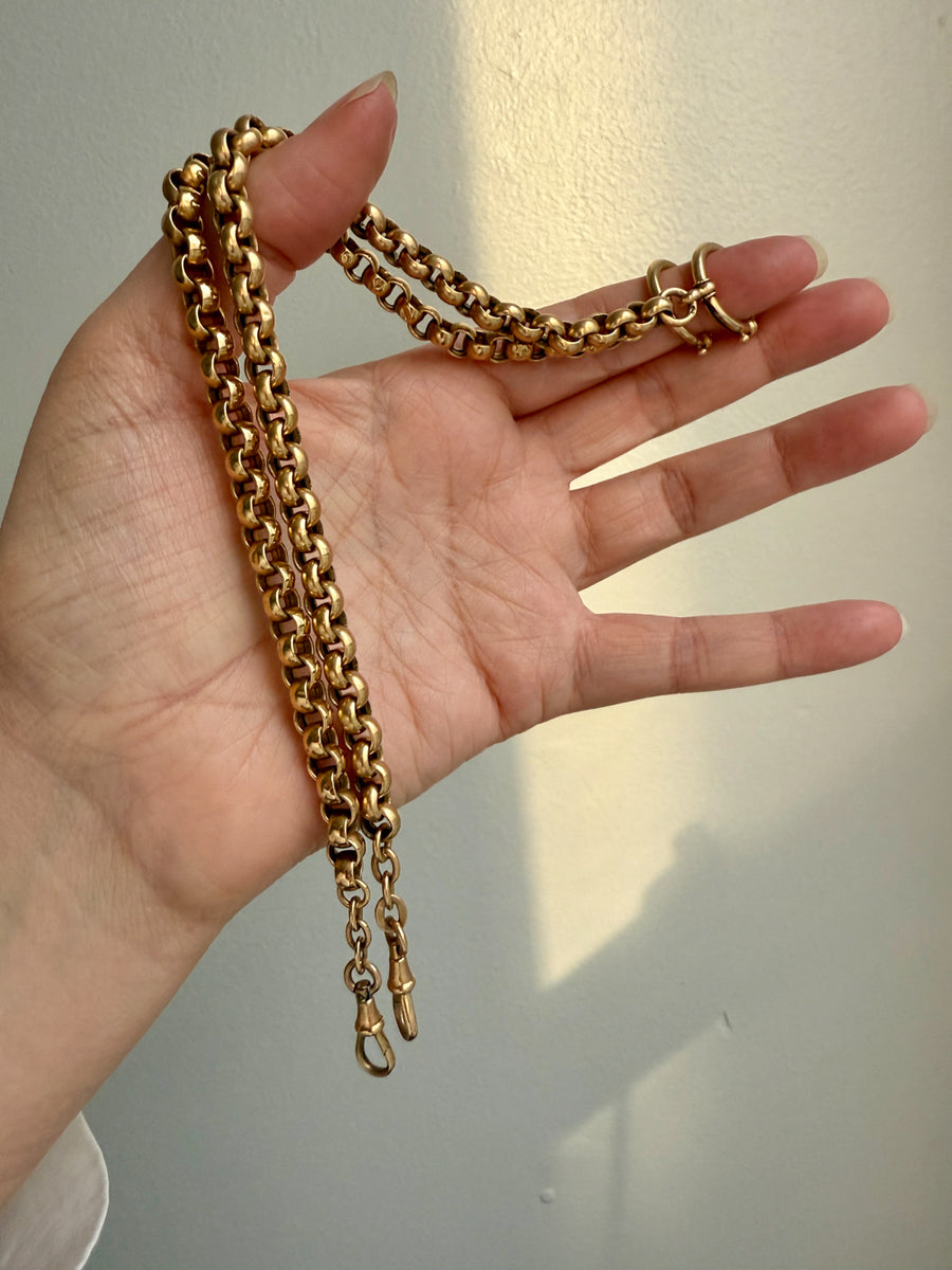 Antique 18k Gold Rolo Link Watch chain Necklace Setup with Large Bolt clasps - 21.75 inch total length