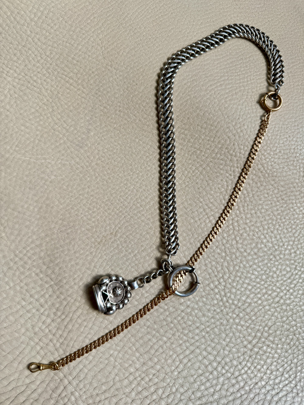 Silver Antique Dutch Figure-8 Pocket Watch Chain with Fob and Large Bolt Clasp - Mid 1800s era