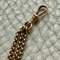 Gold chain with dog clip on a textured light gray background
