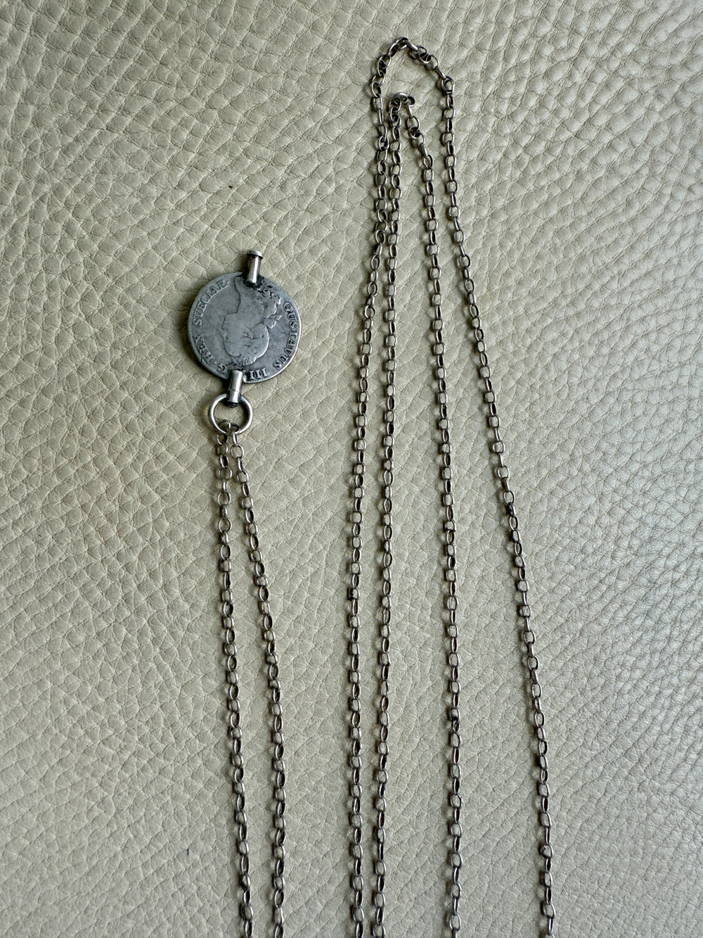 1880 Antique Silver Link Longuard Chain Necklace with Coin Pendant - 61.75 inch length