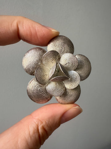 1950s Sterling Silver Filigree Flower Brooch - 1.8 inch diameter