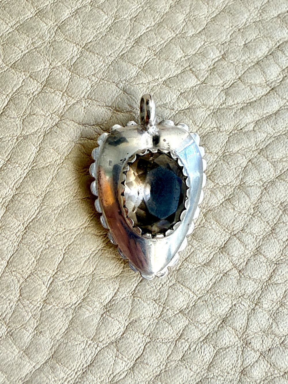 Antique Signed Swedish Silver Puffy Heart Pendant with Clear Stone