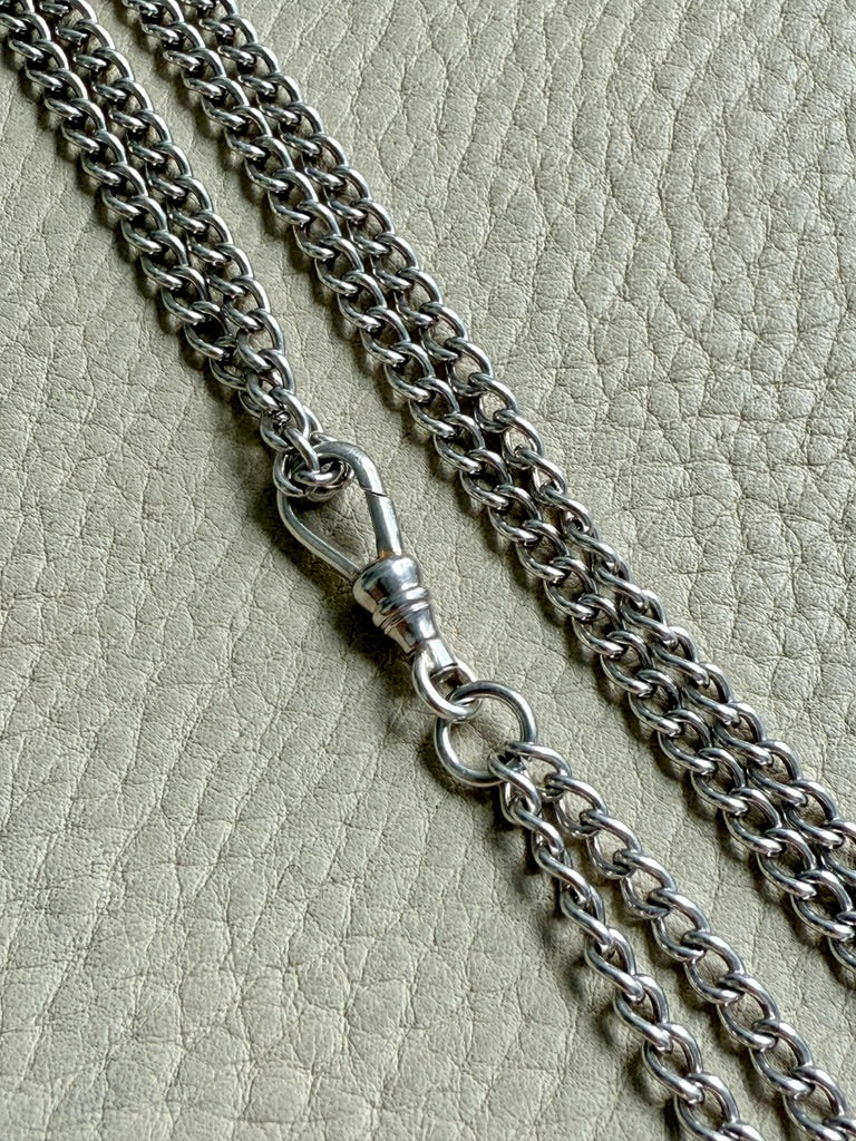 Edwardian era Sterlling Silver Longuard Curb Link Chain with Swivel Dog Clip - 31 inch doubled necklace length adjustable
