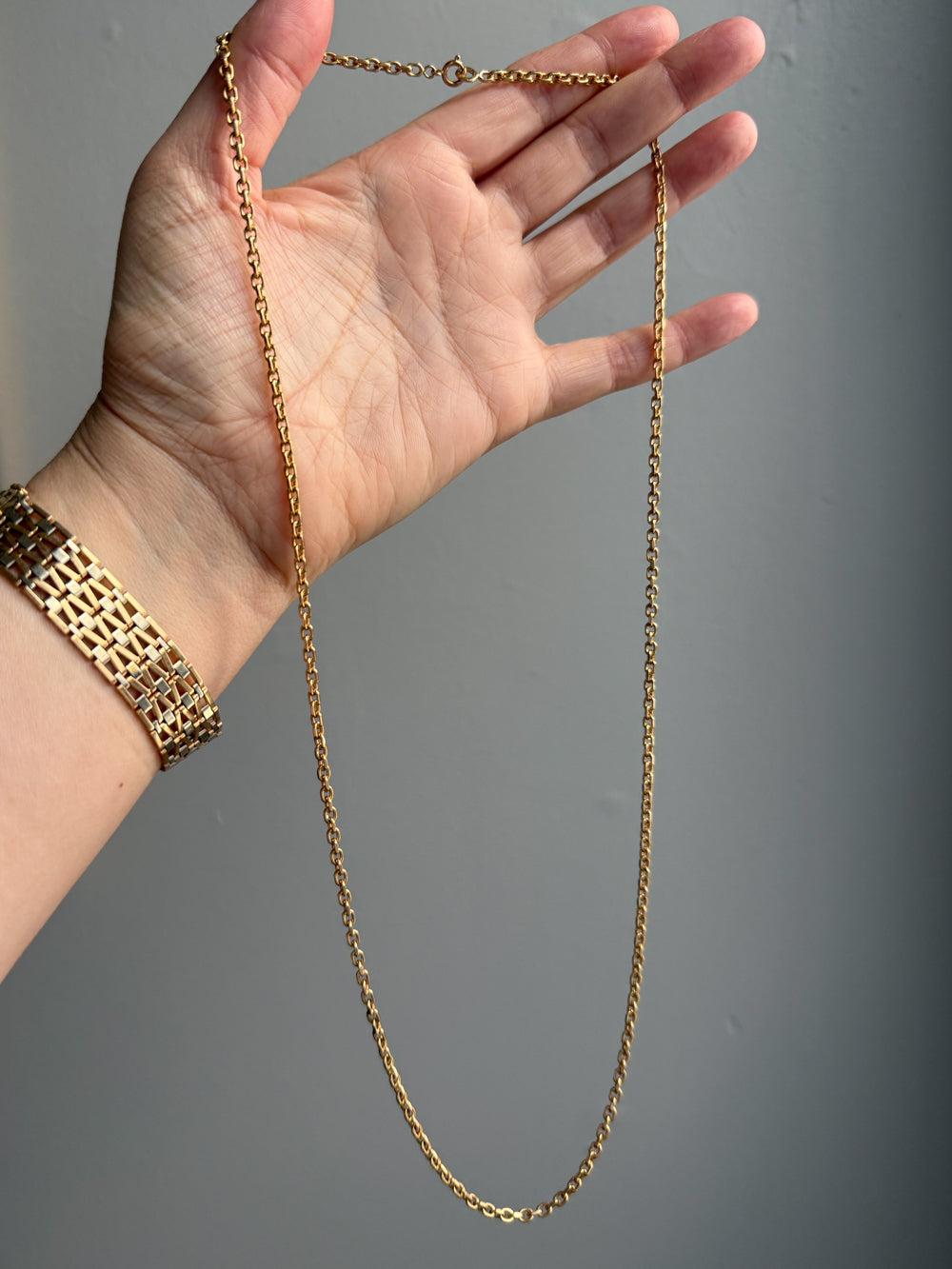 Gold chain held by a hand against a gray background